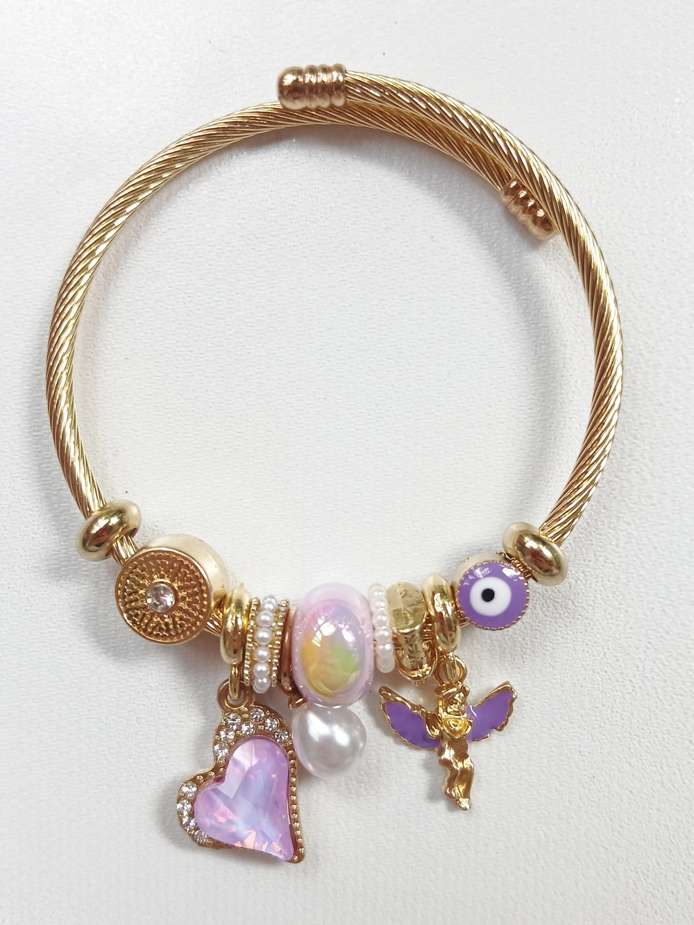 Gold-Tone Purple Heart Charm Bangle Bracelet with Evil Eye and Pearl Charms